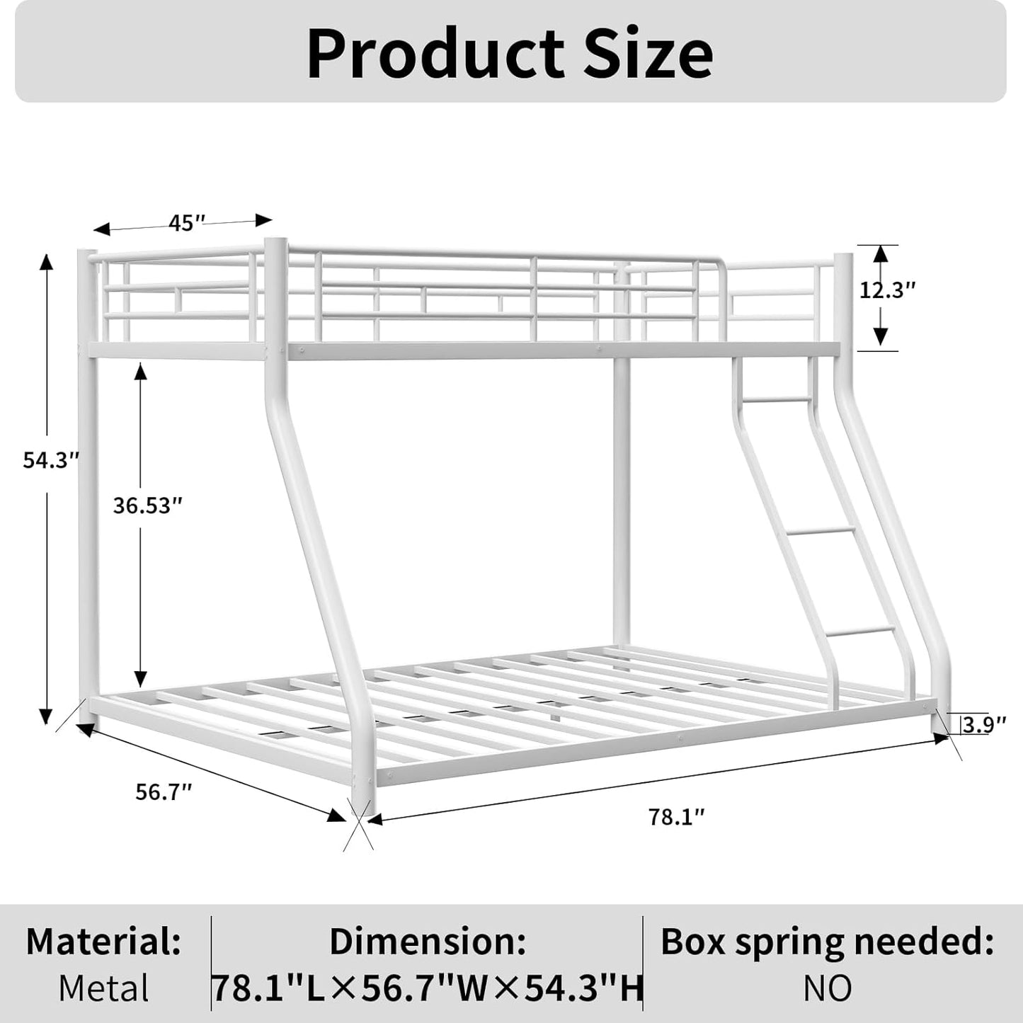 Metal Twin Over Full Bunk Bed, Heavy Duty Bunk Beds with Safety Guardrail and Ladder, Noise Reduction, No Box Spring Needed, Black