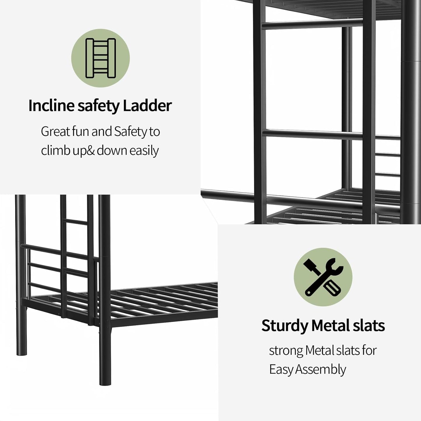Metal Twin Over Full Bunk Bed, Heavy Duty Bunk Beds with Safety Guardrail and Ladder, Noise Reduction, No Box Spring Needed, Black