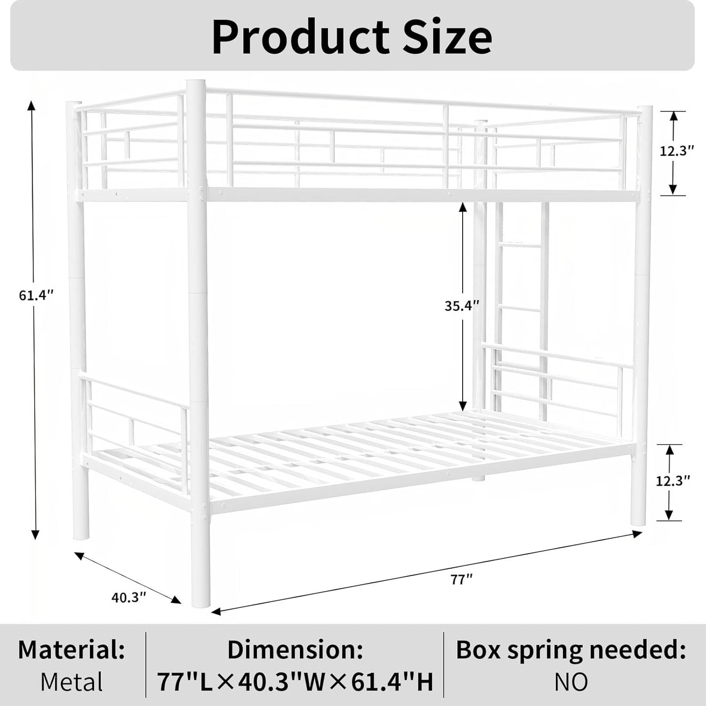 Metal Twin Over Full Bunk Bed, Heavy Duty Bunk Beds with Safety Guardrail and Ladder, Noise Reduction, No Box Spring Needed, Black