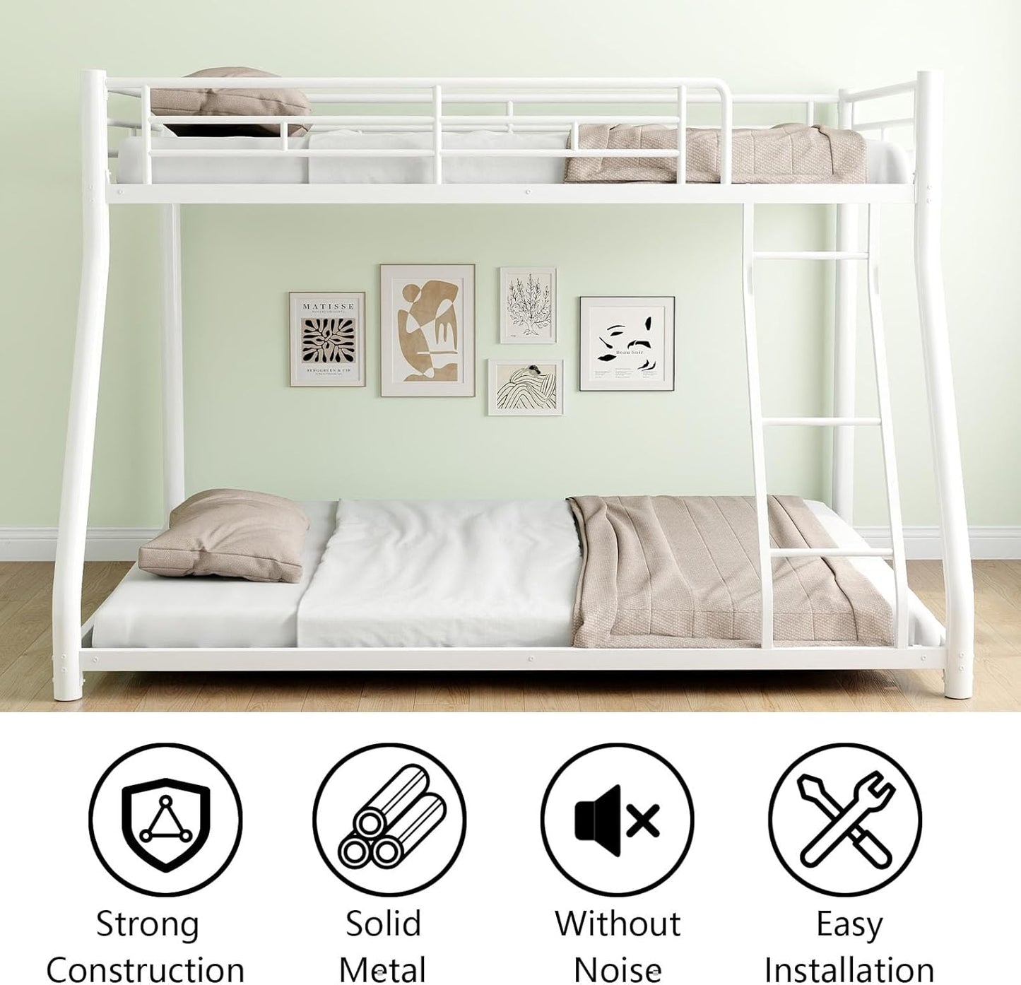 Metal Twin Over Full Bunk Bed, Heavy Duty Bunk Beds with Safety Guardrail and Ladder, Noise Reduction, No Box Spring Needed, Black