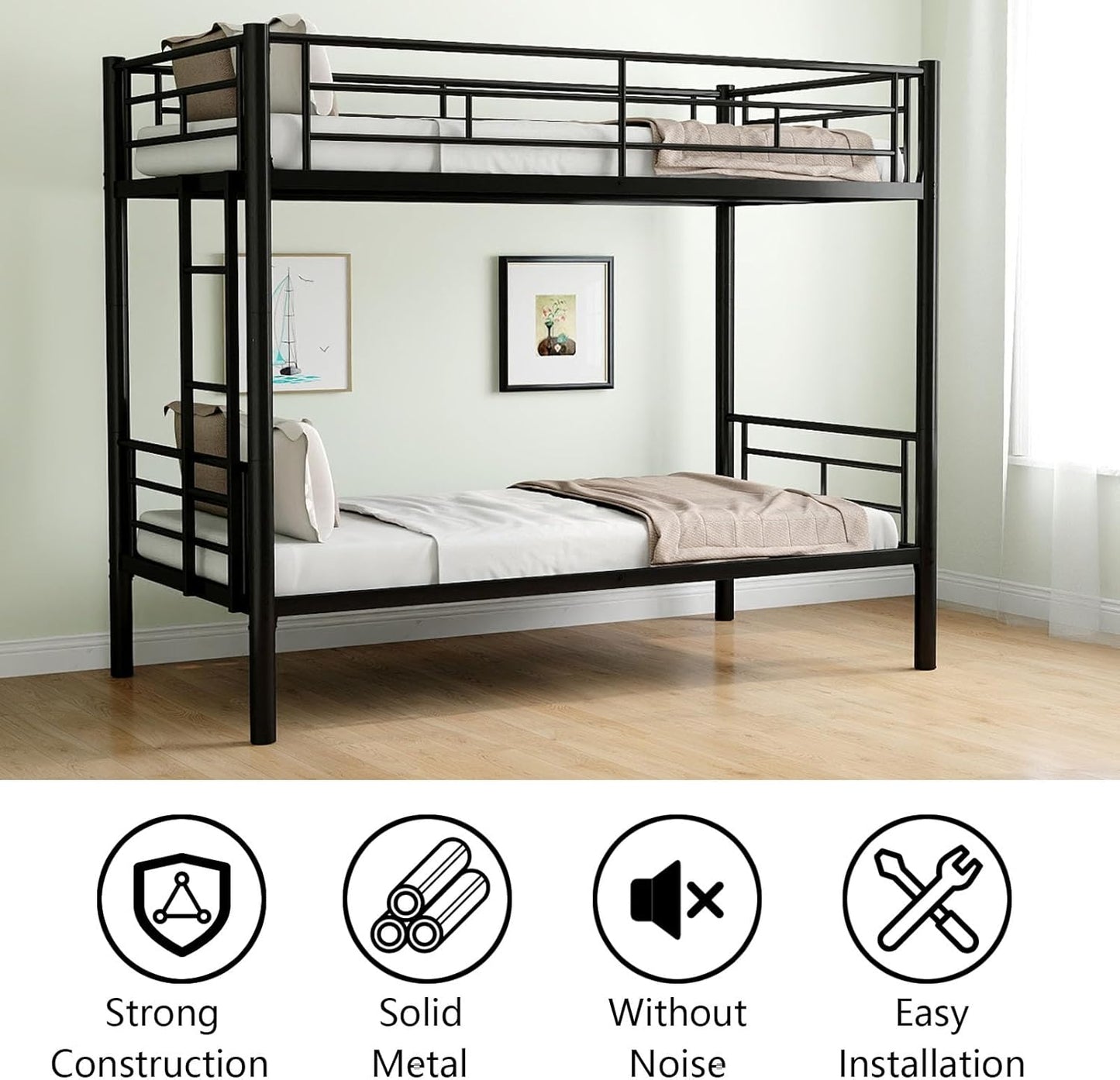 Metal Twin Over Full Bunk Bed, Heavy Duty Bunk Beds with Safety Guardrail and Ladder, Noise Reduction, No Box Spring Needed, Black