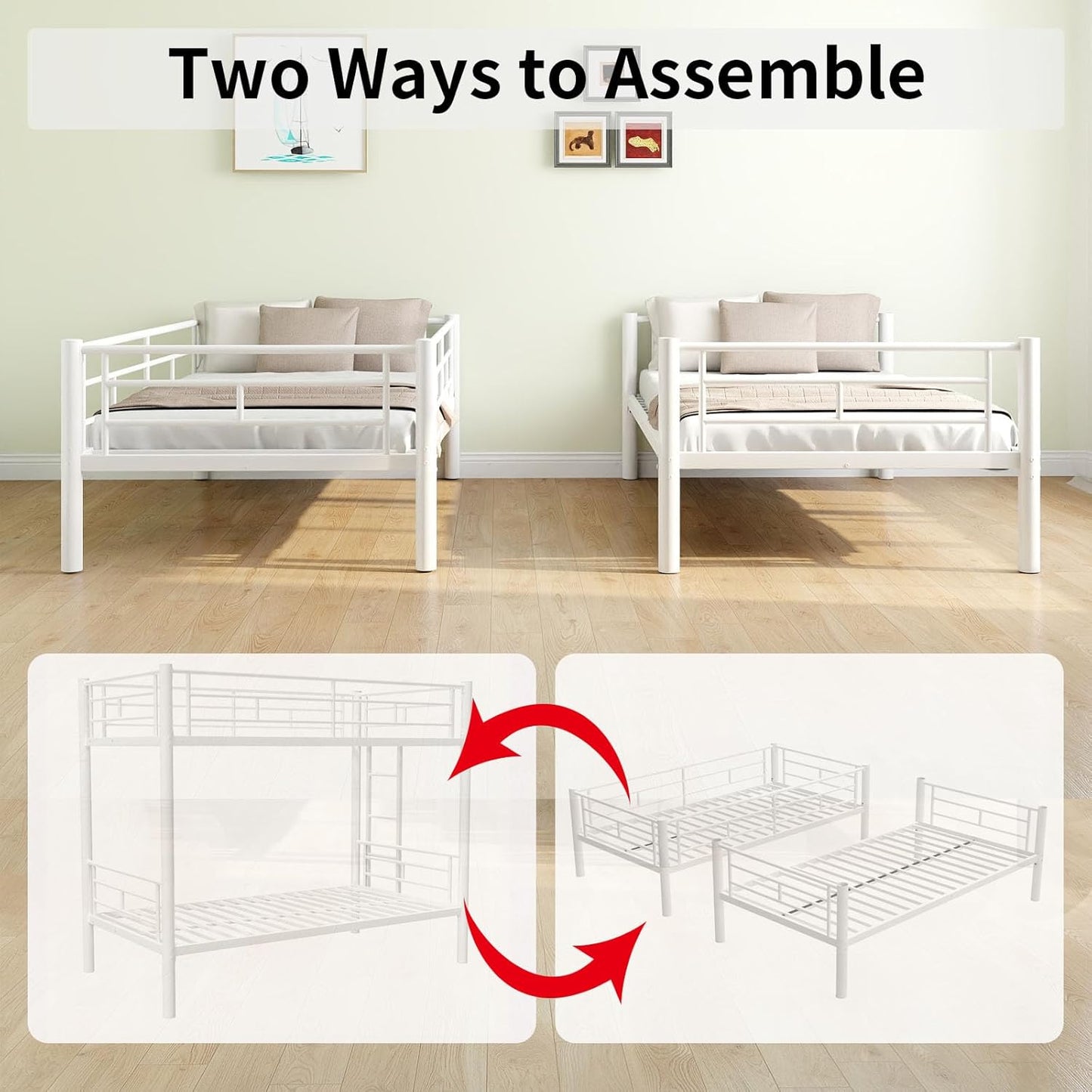 Metal Twin Over Full Bunk Bed, Heavy Duty Bunk Beds with Safety Guardrail and Ladder, Noise Reduction, No Box Spring Needed, Black