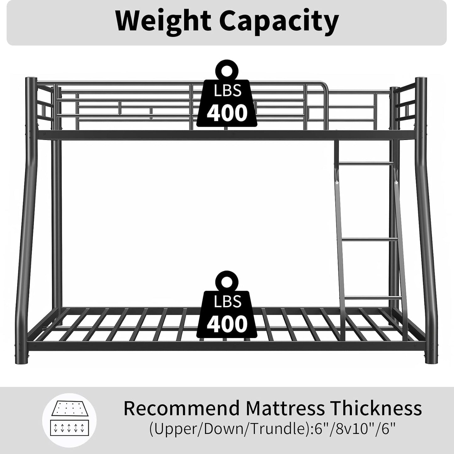 Metal Twin Over Full Bunk Bed, Heavy Duty Bunk Beds with Safety Guardrail and Ladder, Noise Reduction, No Box Spring Needed, Black
