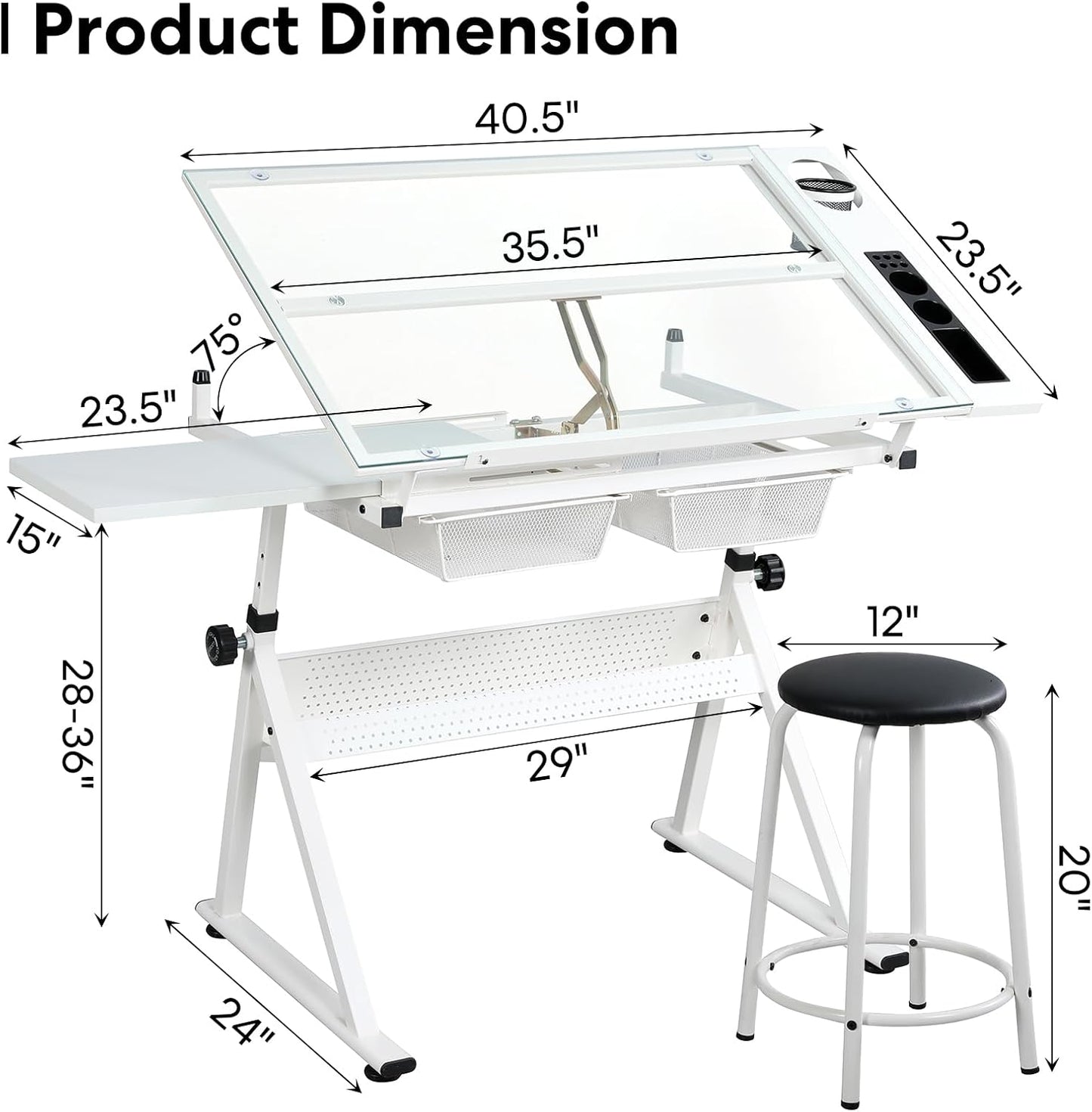 Adjustable White Tempered Glass Drafting Table with Chair, 39.76" x 23.60" | Steel Frame, Anti-Slip Feet, Storage & Pen Holder