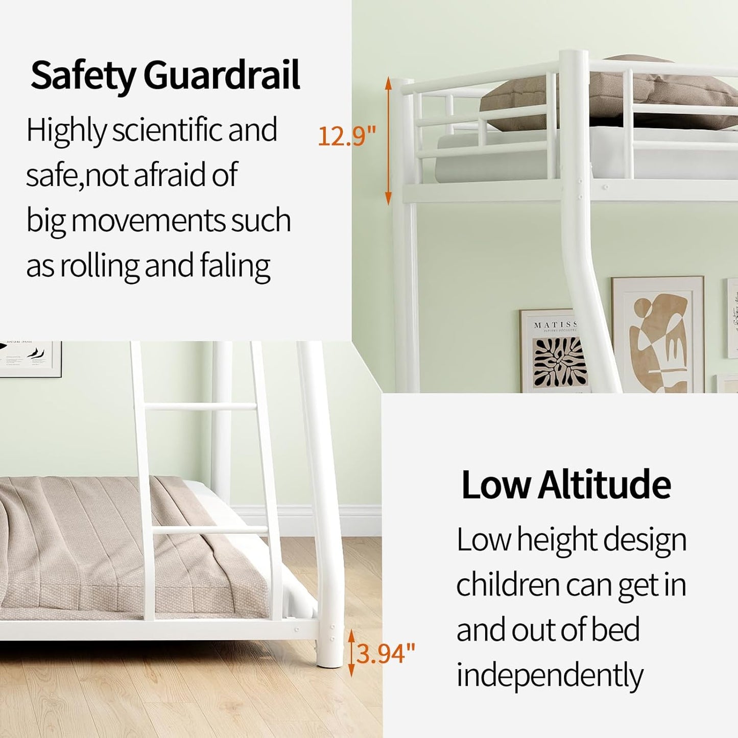 Metal Twin Over Full Bunk Bed, Heavy Duty Bunk Beds with Safety Guardrail and Ladder, Noise Reduction, No Box Spring Needed, Black
