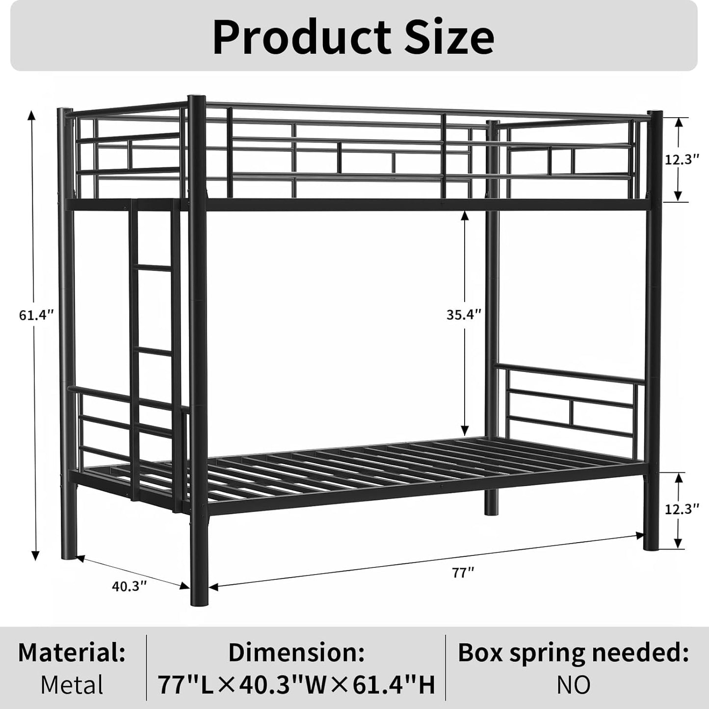 Metal Twin Over Full Bunk Bed, Heavy Duty Bunk Beds with Safety Guardrail and Ladder, Noise Reduction, No Box Spring Needed, Black