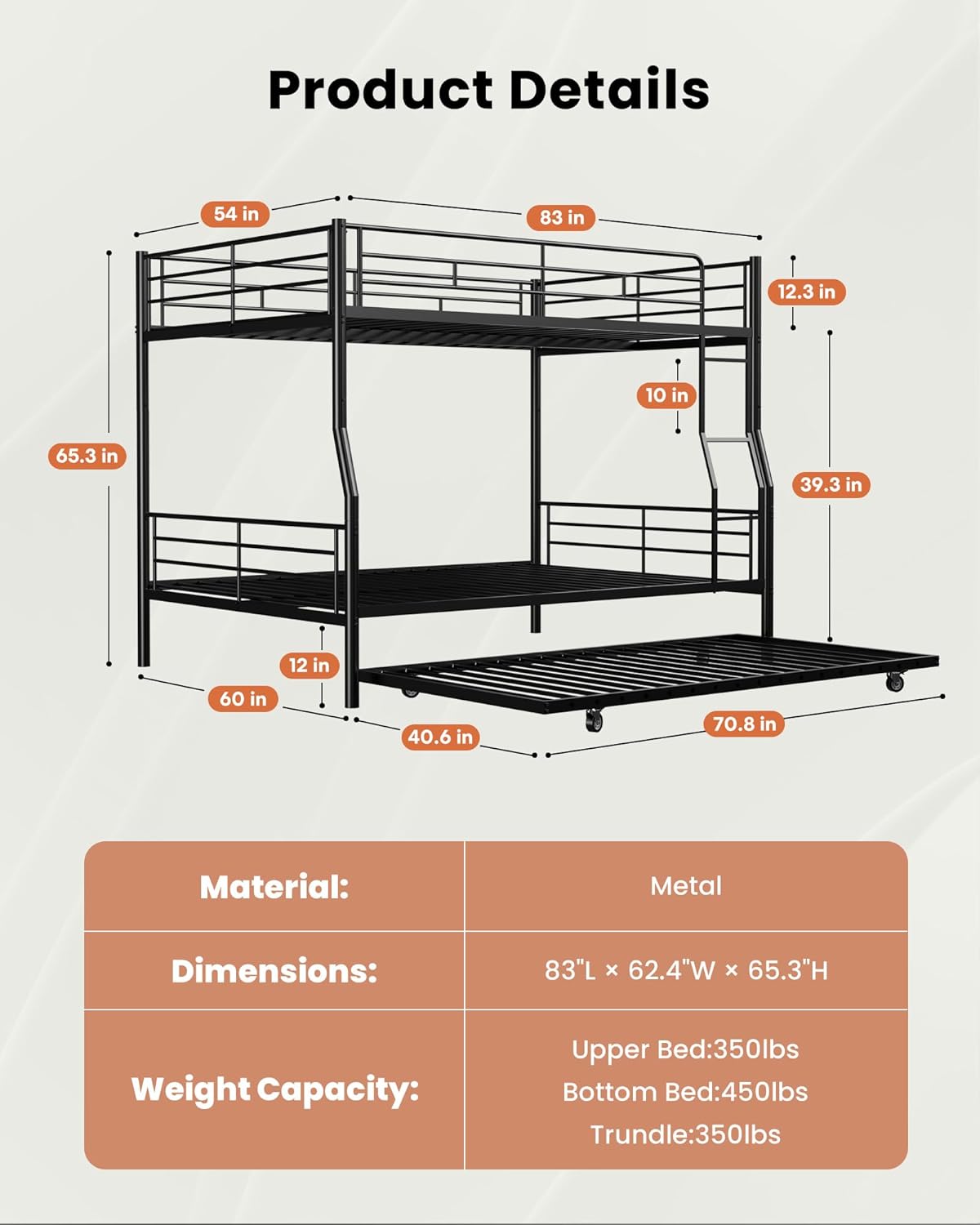 Full XL Over Queen Metal Bunk Bed with Trundle, Sturdy Queen Bed Frame with Full Length Guardrail & Ladder, Convertible to 3 beds, Heavy-Duty Frame Bunk Bed for Kids Teens Adults, White