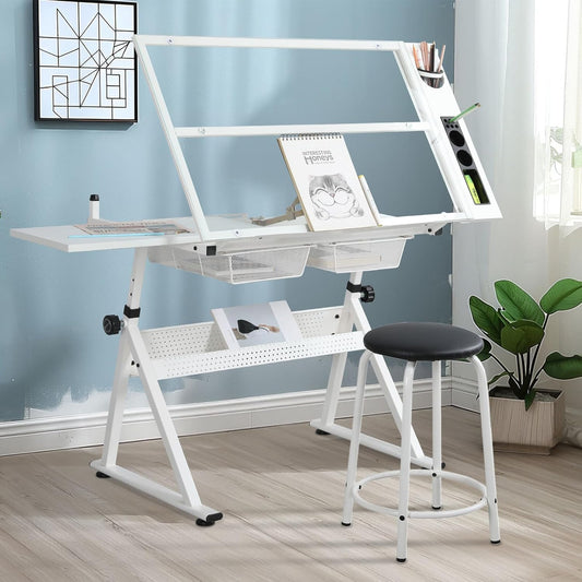 Adjustable White Tempered Glass Drafting Table with Chair, 39.76" x 23.60" | Steel Frame, Anti-Slip Feet, Storage & Pen Holder