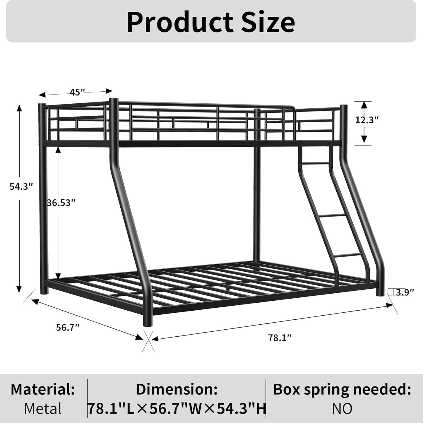 Metal Twin Over Full Bunk Bed, Heavy Duty Bunk Beds with Safety Guardrail and Ladder, Noise Reduction, No Box Spring Needed, Black