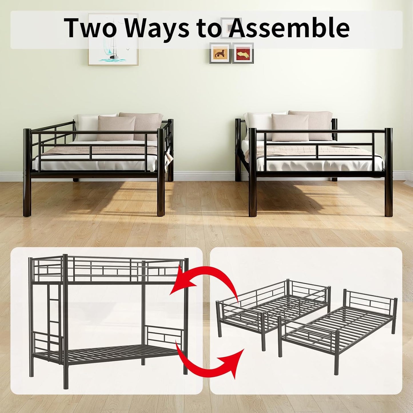 Metal Twin Over Full Bunk Bed, Heavy Duty Bunk Beds with Safety Guardrail and Ladder, Noise Reduction, No Box Spring Needed, Black