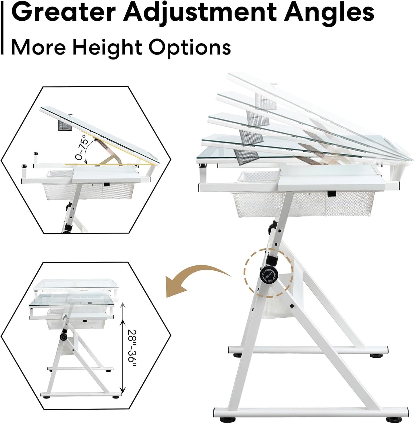 Adjustable White Tempered Glass Drafting Table with Chair, 39.76" x 23.60" | Steel Frame, Anti-Slip Feet, Storage & Pen Holder