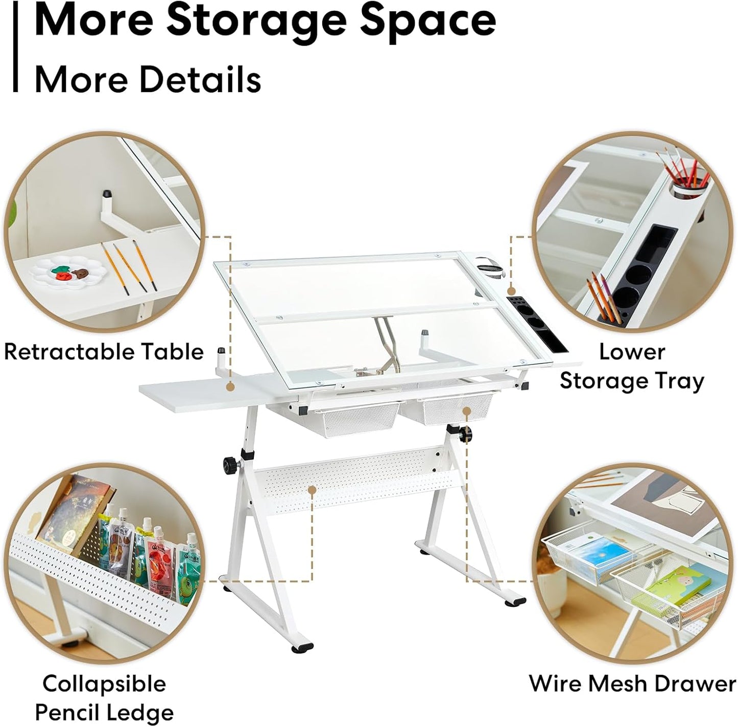 Adjustable White Tempered Glass Drafting Table with Chair, 39.76" x 23.60" | Steel Frame, Anti-Slip Feet, Storage & Pen Holder