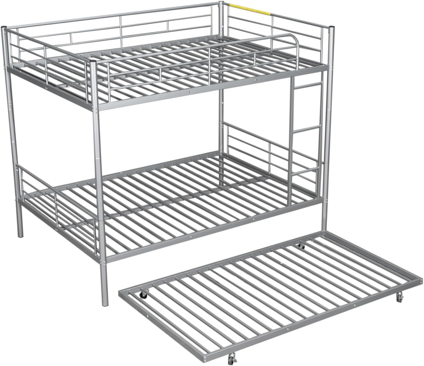 Full XL Over Queen Metal Bunk Bed with Trundle, Sturdy Queen Bed Frame with Full Length Guardrail & Ladder, Convertible to 3 beds, Heavy-Duty Frame Bunk Bed for Kids Teens Adults, White