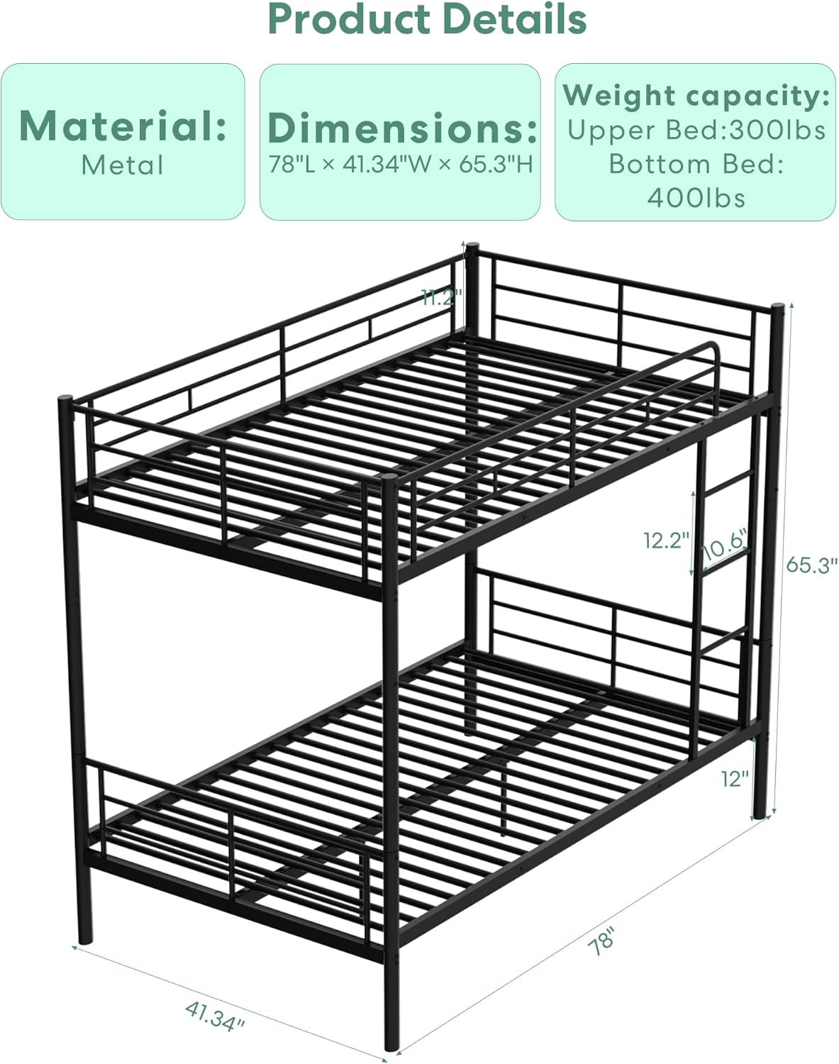 Metal Bunk Bed Twin Over Twin with Ladder and Full-Length Guardrail, Heavy Duty Bed Frame, Convertible Twin Bunk Beds into 2 Individual for Kids Teen Adults, Black