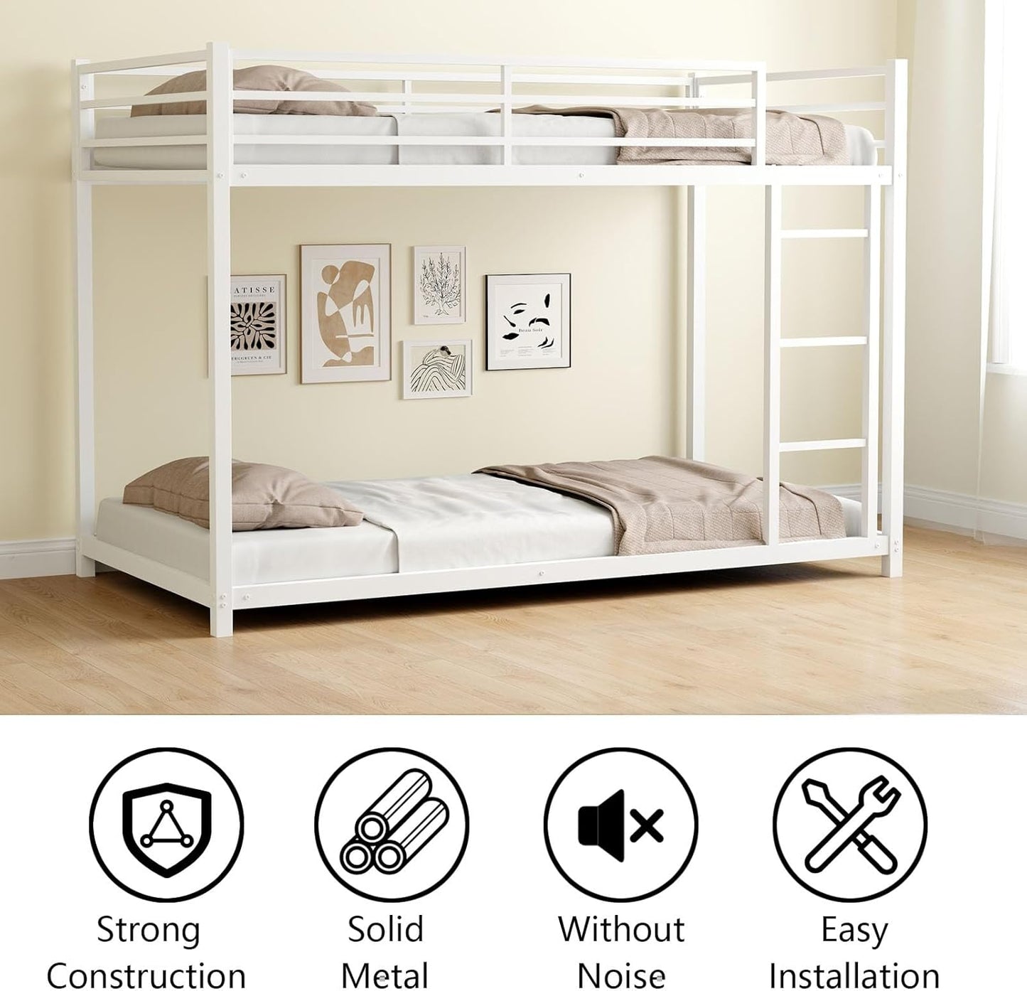 Metal Twin Over Full Bunk Bed, Heavy Duty Bunk Beds with Safety Guardrail and Ladder, Noise Reduction, No Box Spring Needed, Black