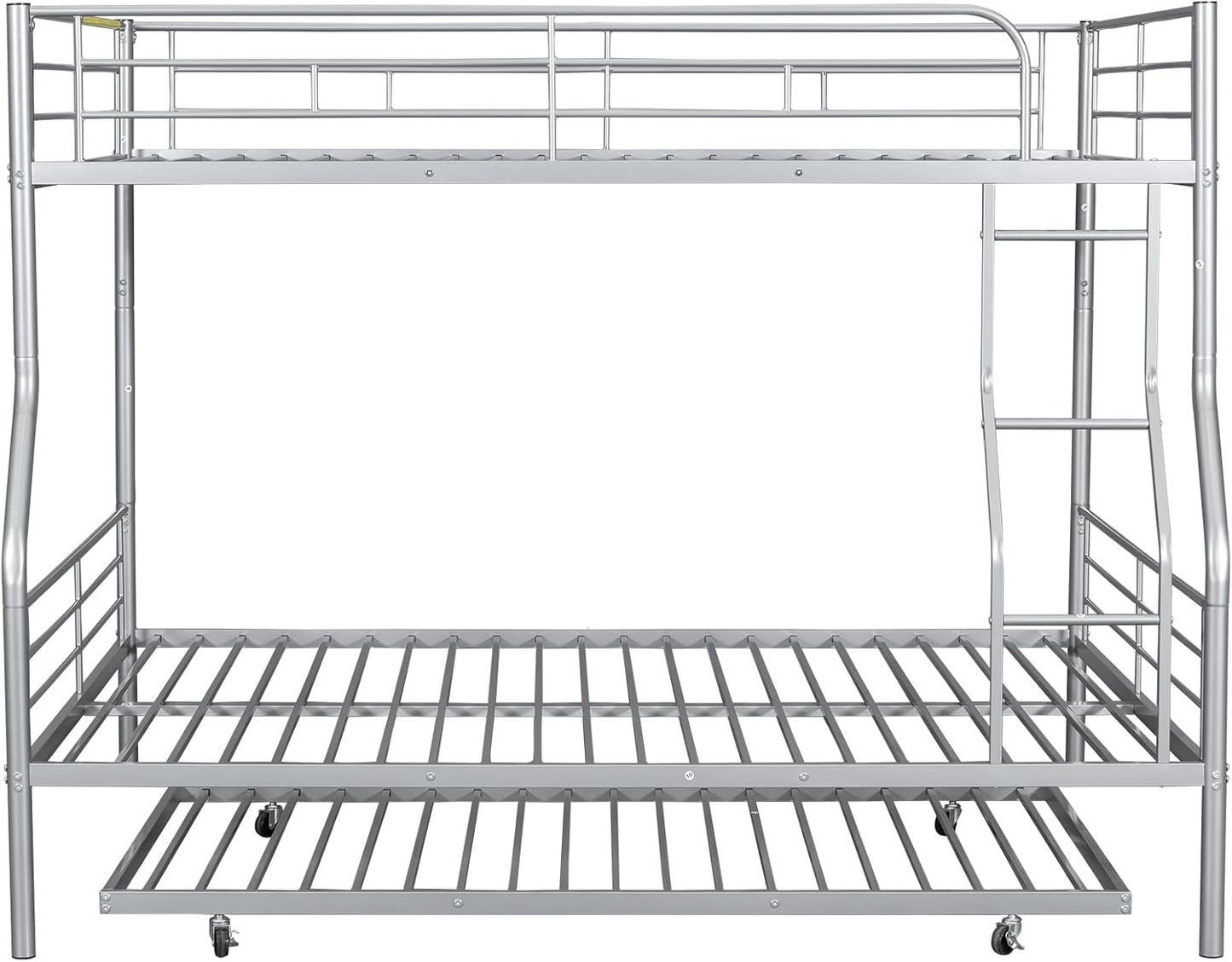 Full XL Over Queen Metal Bunk Bed with Trundle, Sturdy Queen Bed Frame with Full Length Guardrail & Ladder, Convertible to 3 beds, Heavy-Duty Frame Bunk Bed for Kids Teens Adults, White