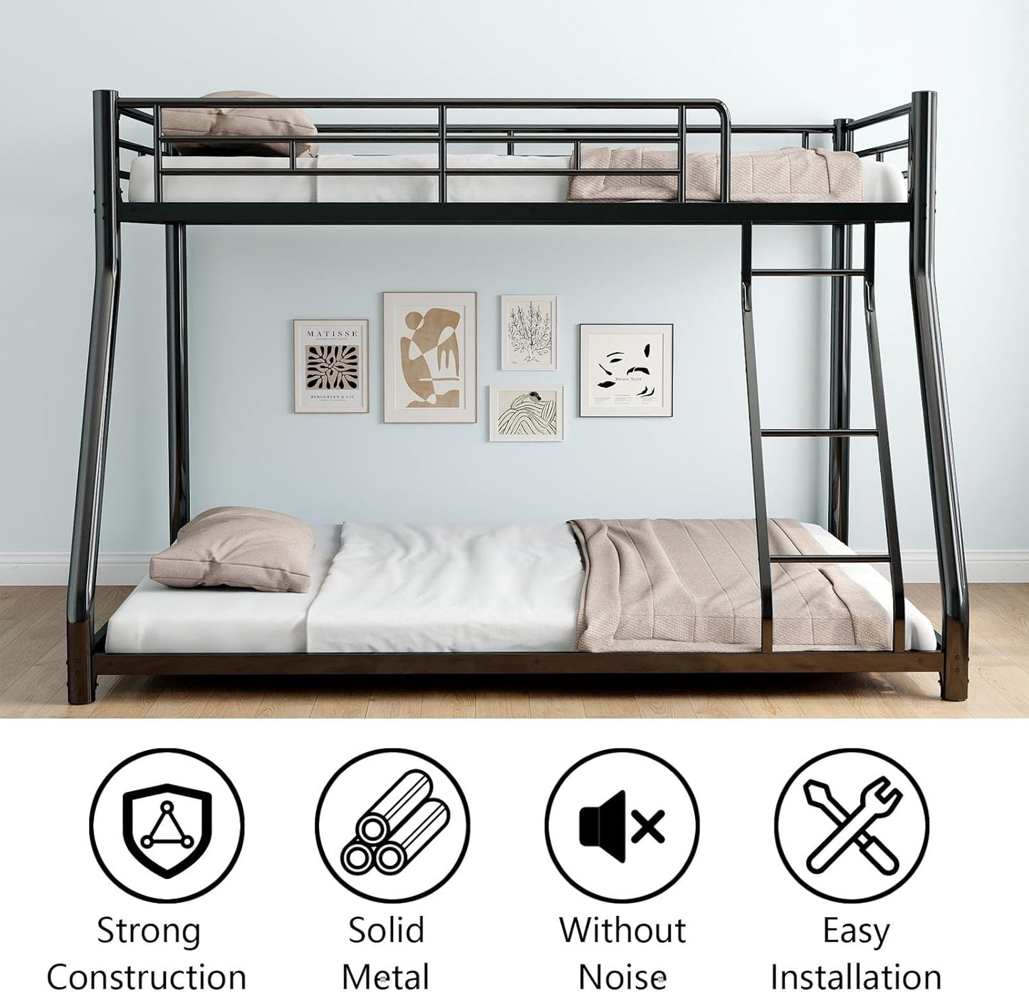 Metal Twin Over Full Bunk Bed, Heavy Duty Bunk Beds with Safety Guardrail and Ladder, Noise Reduction, No Box Spring Needed, Black