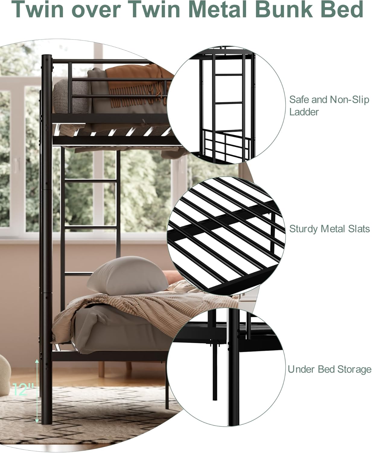 Metal Bunk Bed Twin Over Twin with Ladder and Full-Length Guardrail, Heavy Duty Bed Frame, Convertible Twin Bunk Beds into 2 Individual for Kids Teen Adults, Black