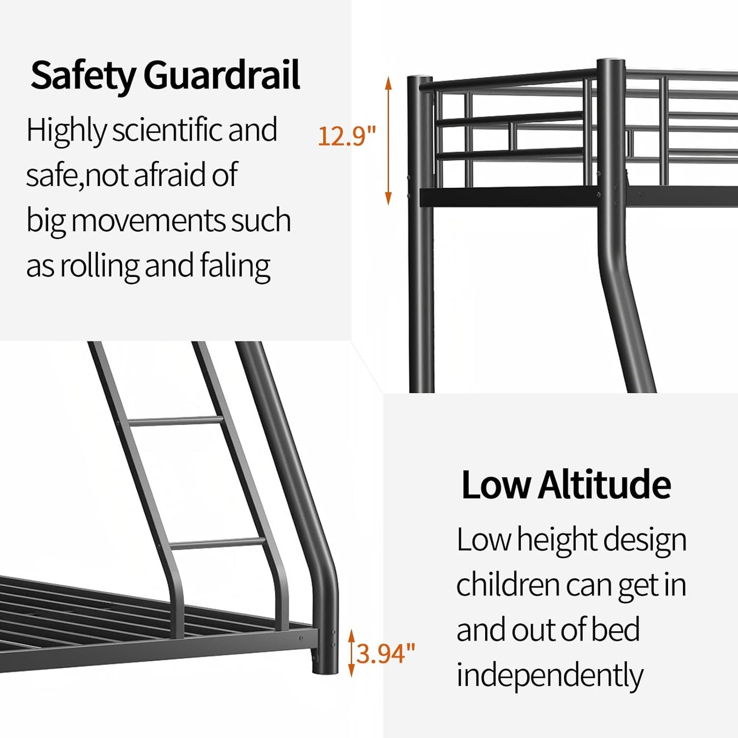 Metal Twin Over Full Bunk Bed, Heavy Duty Bunk Beds with Safety Guardrail and Ladder, Noise Reduction, No Box Spring Needed, Black