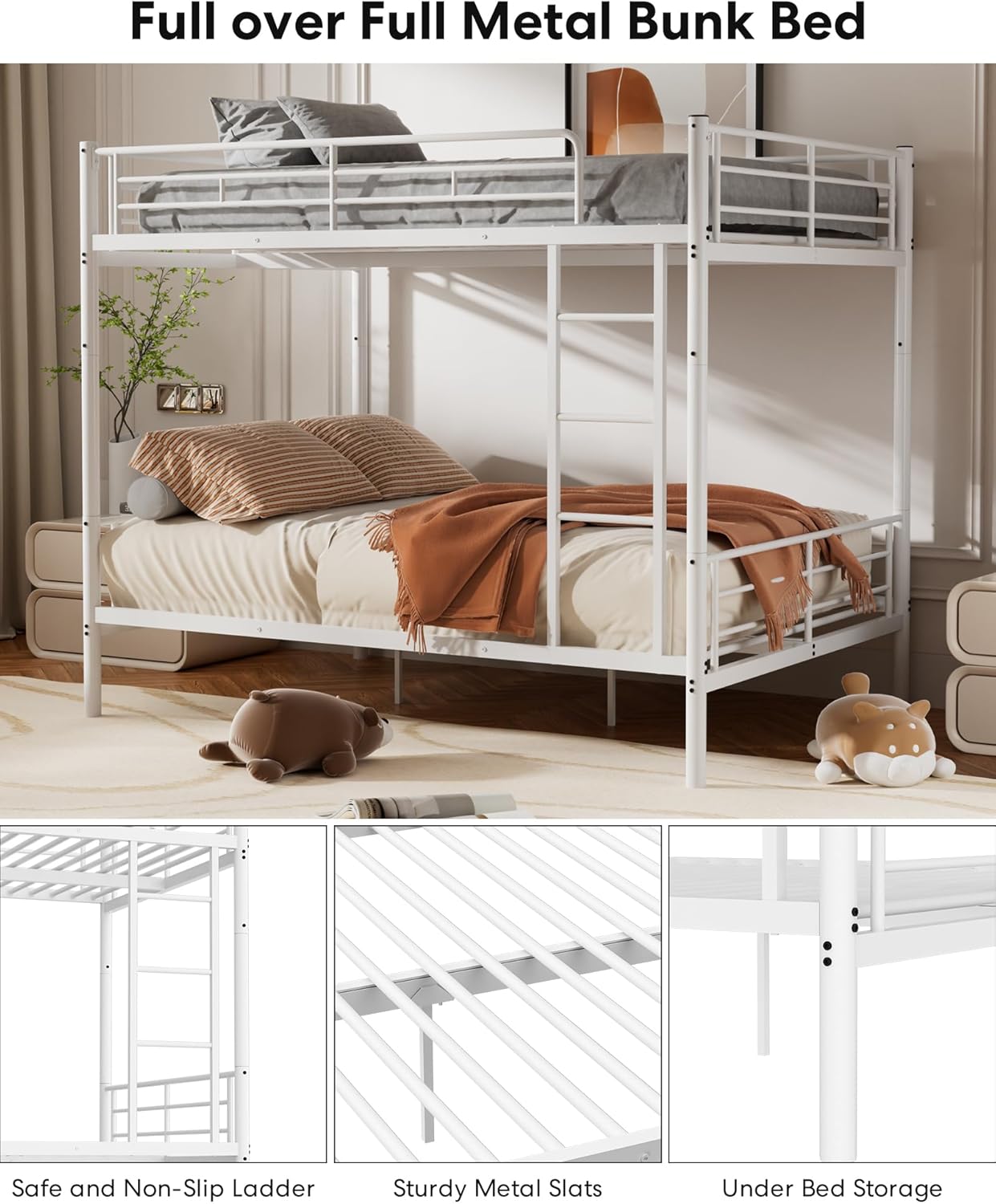 Metal Bunk Bed Twin Over Twin with Ladder and Full-Length Guardrail, Heavy Duty Bed Frame, Convertible Twin Bunk Beds into 2 Individual for Kids Teen Adults, Black