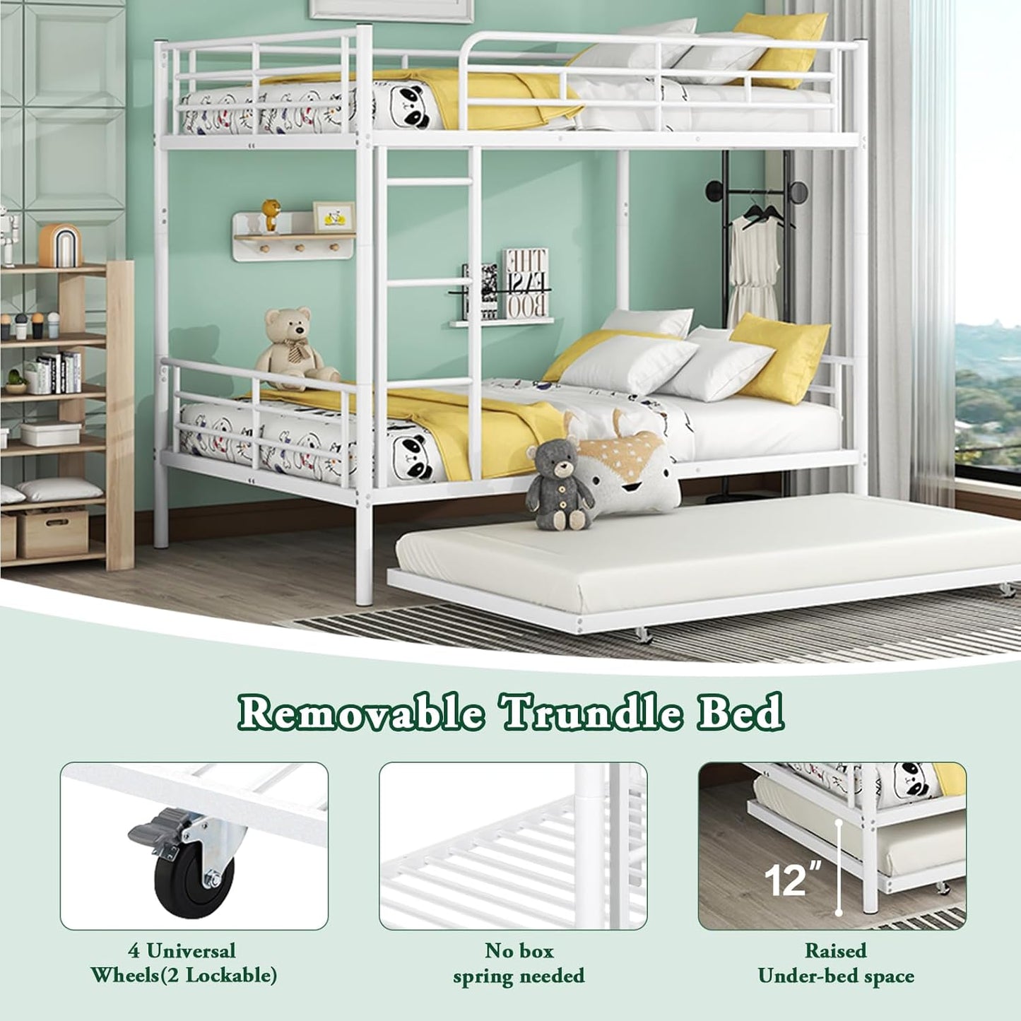 Full XL Over Queen Metal Bunk Bed with Trundle, Sturdy Queen Bed Frame with Full Length Guardrail & Ladder, Convertible to 3 beds, Heavy-Duty Frame Bunk Bed for Kids Teens Adults, White