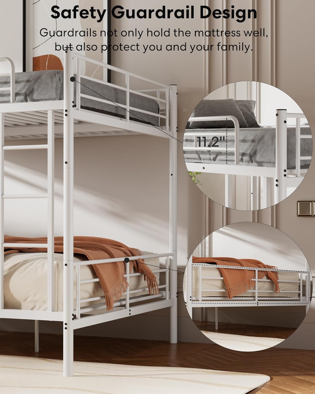 Metal Bunk Bed Twin Over Twin with Ladder and Full-Length Guardrail, Heavy Duty Bed Frame, Convertible Twin Bunk Beds into 2 Individual for Kids Teen Adults, Black