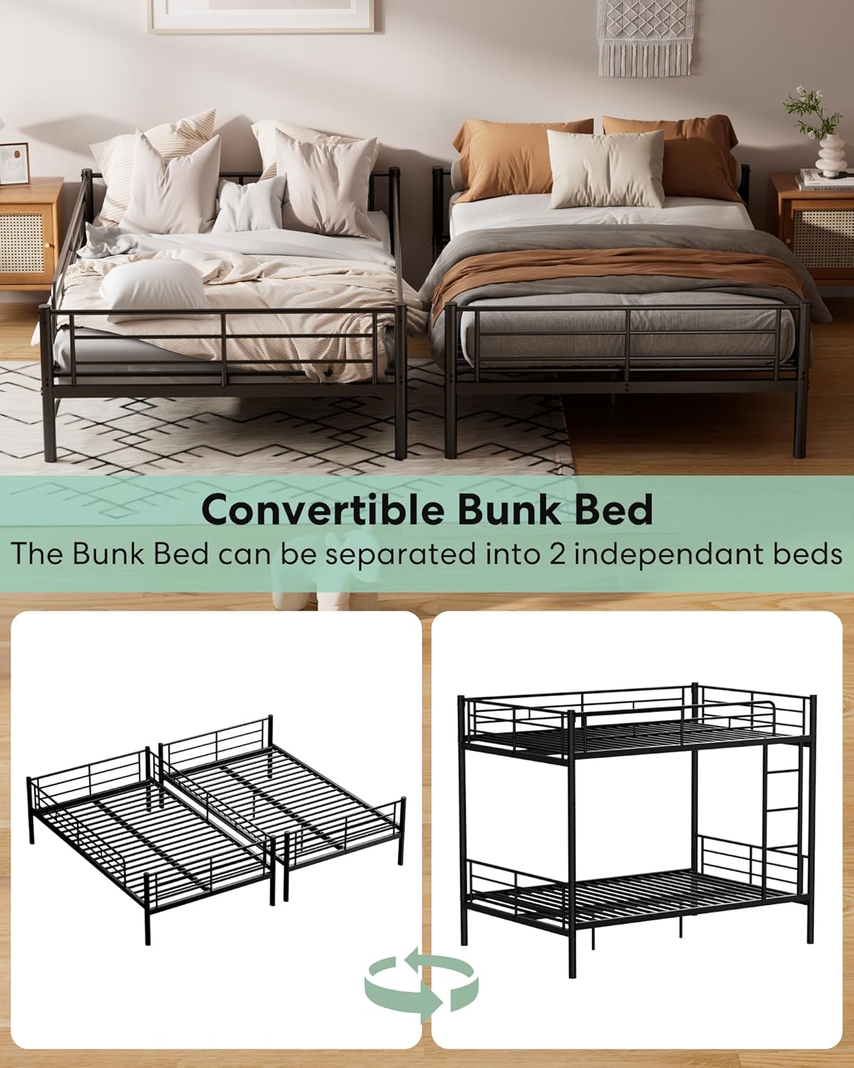 Metal Bunk Bed Twin Over Twin with Ladder and Full-Length Guardrail, Heavy Duty Bed Frame, Convertible Twin Bunk Beds into 2 Individual for Kids Teen Adults, Black