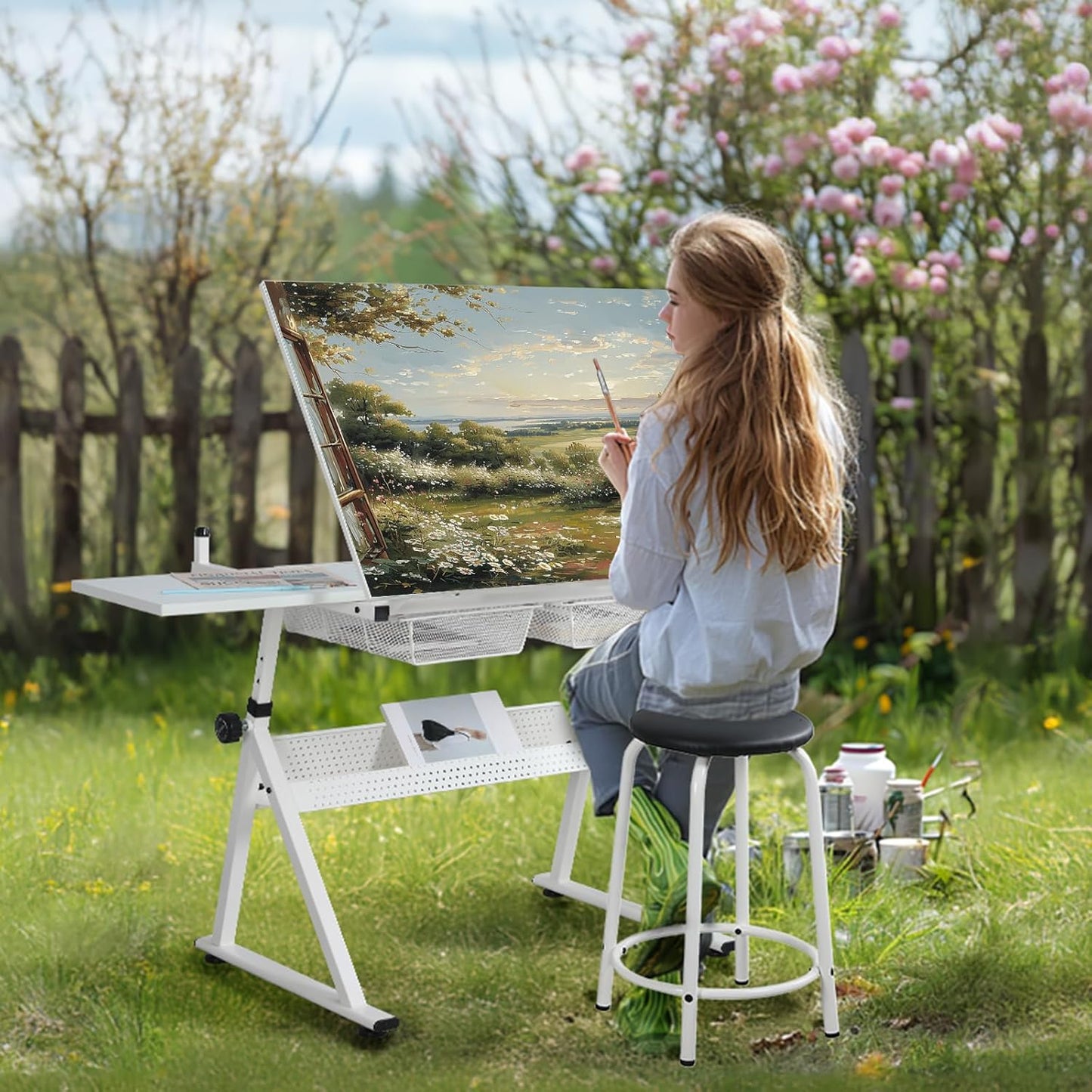 Adjustable White Tempered Glass Drafting Table with Chair, 39.76" x 23.60" | Steel Frame, Anti-Slip Feet, Storage & Pen Holder