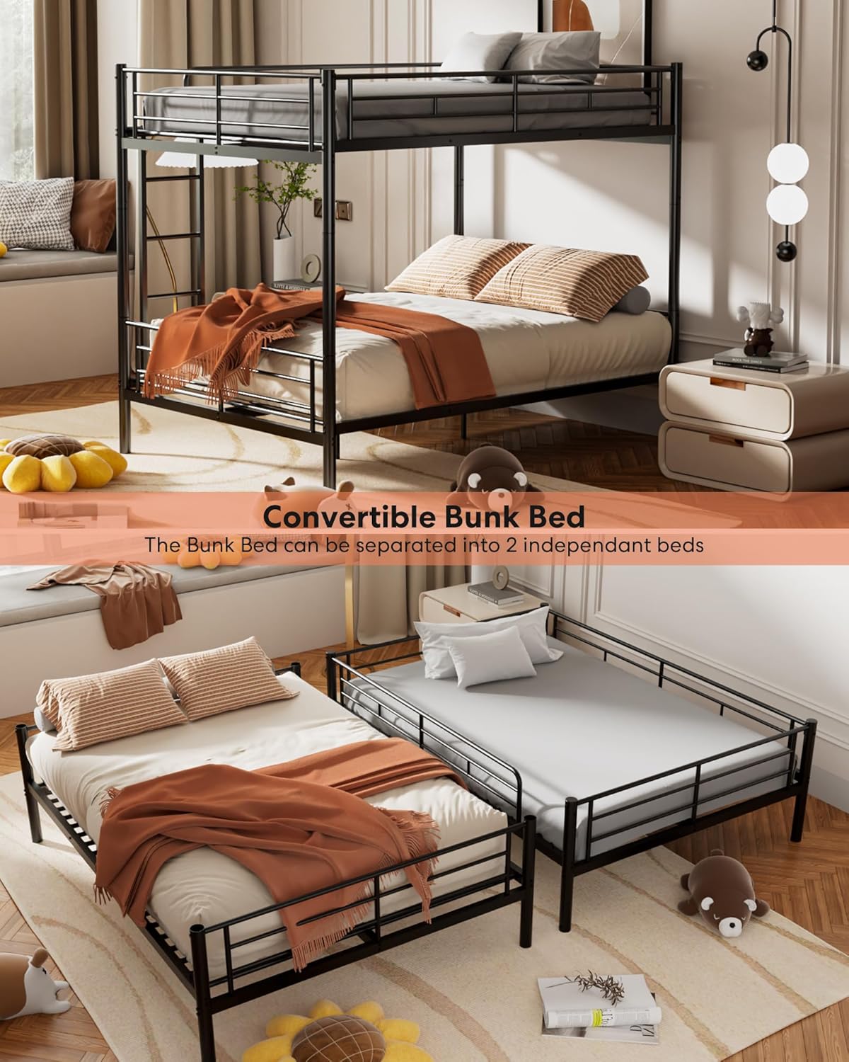 Metal Bunk Bed Twin Over Twin with Ladder and Full-Length Guardrail, Heavy Duty Bed Frame, Convertible Twin Bunk Beds into 2 Individual for Kids Teen Adults, Black