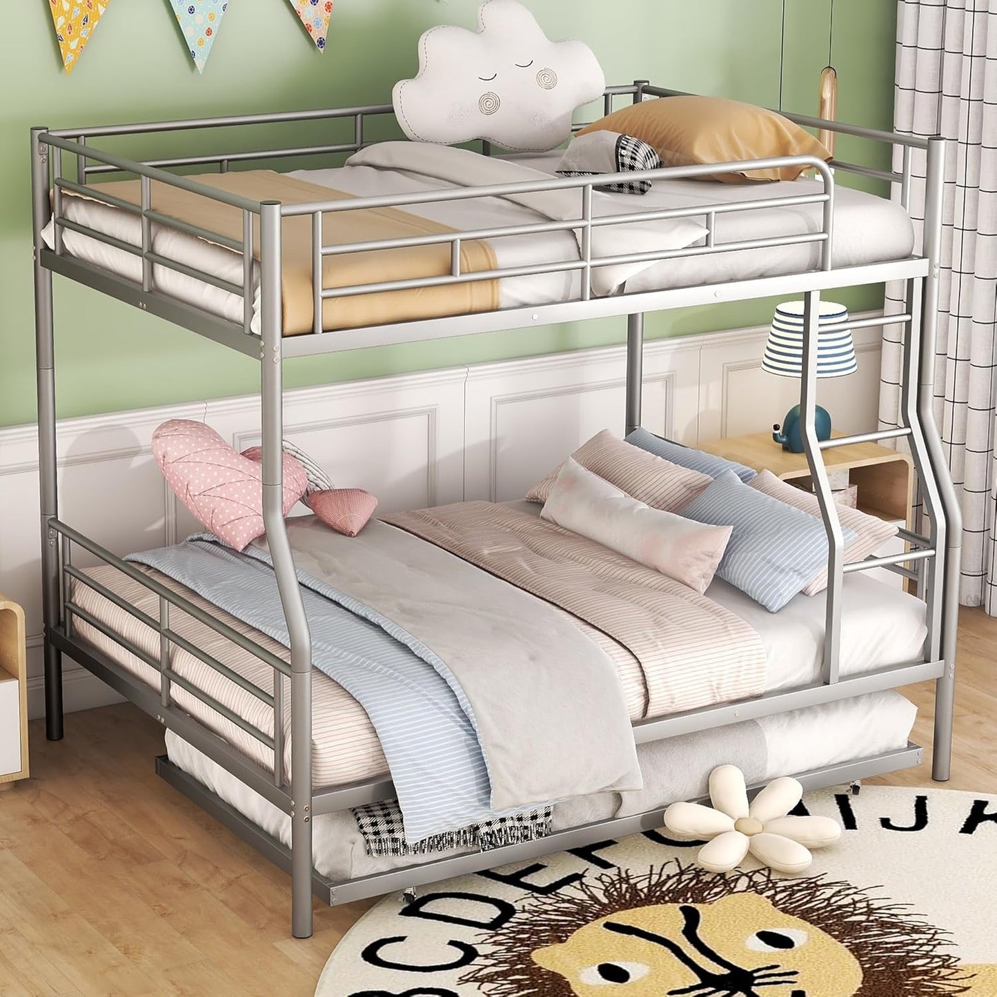 Full XL Over Queen Metal Bunk Bed with Trundle, Sturdy Queen Bed Frame with Full Length Guardrail & Ladder, Convertible to 3 beds, Heavy-Duty Frame Bunk Bed for Kids Teens Adults, White