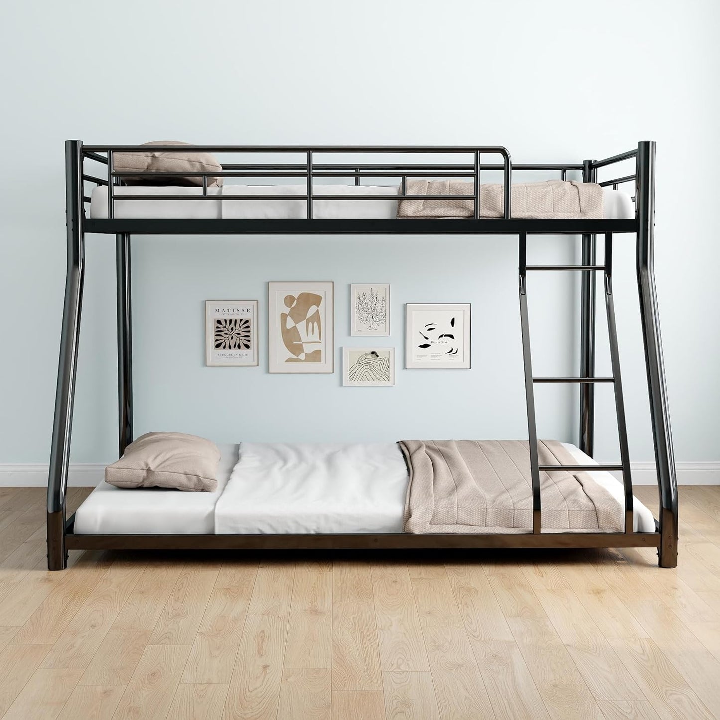 Metal Twin Over Full Bunk Bed, Heavy Duty Bunk Beds with Safety Guardrail and Ladder, Noise Reduction, No Box Spring Needed, Black