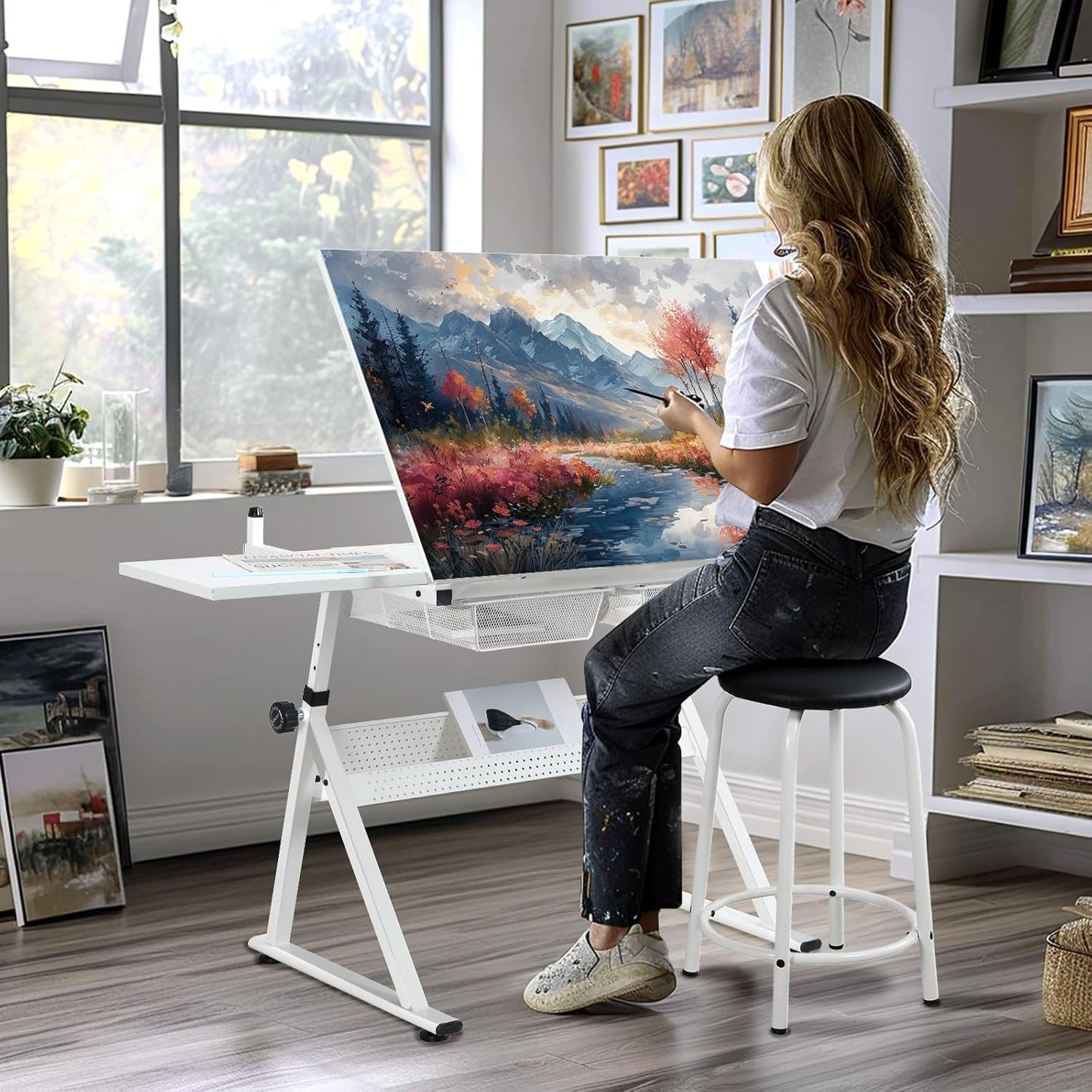 Adjustable White Tempered Glass Drafting Table with Chair, 39.76" x 23.60" | Steel Frame, Anti-Slip Feet, Storage & Pen Holder