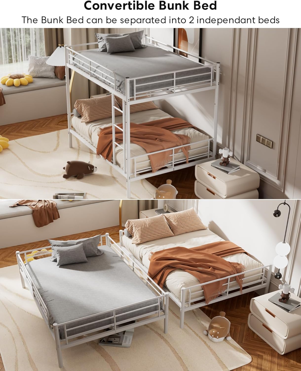 Metal Bunk Bed Twin Over Twin with Ladder and Full-Length Guardrail, Heavy Duty Bed Frame, Convertible Twin Bunk Beds into 2 Individual for Kids Teen Adults, Black