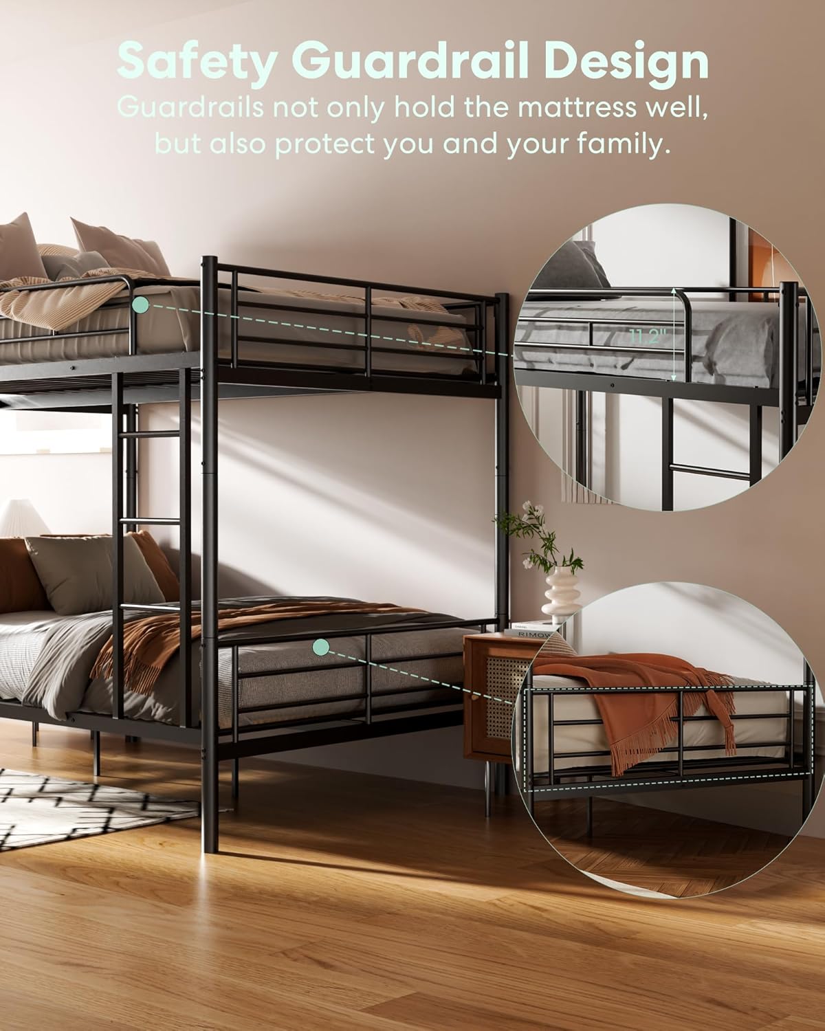 Metal Bunk Bed Twin Over Twin with Ladder and Full-Length Guardrail, Heavy Duty Bed Frame, Convertible Twin Bunk Beds into 2 Individual for Kids Teen Adults, Black