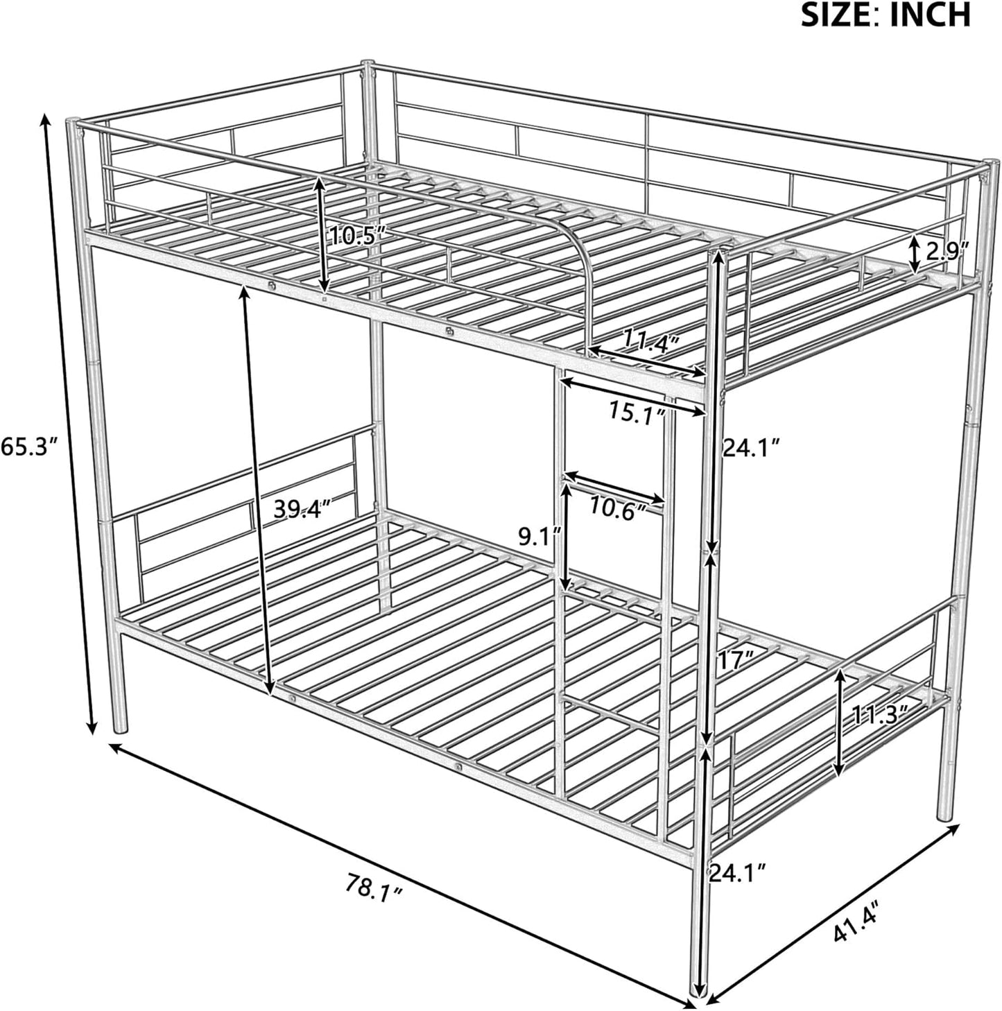 Metal Bunk Bed Twin Over Twin with Ladder and Full-Length Guardrail, Heavy Duty Bed Frame, Convertible Twin Bunk Beds into 2 Individual for Kids Teen Adults, Black