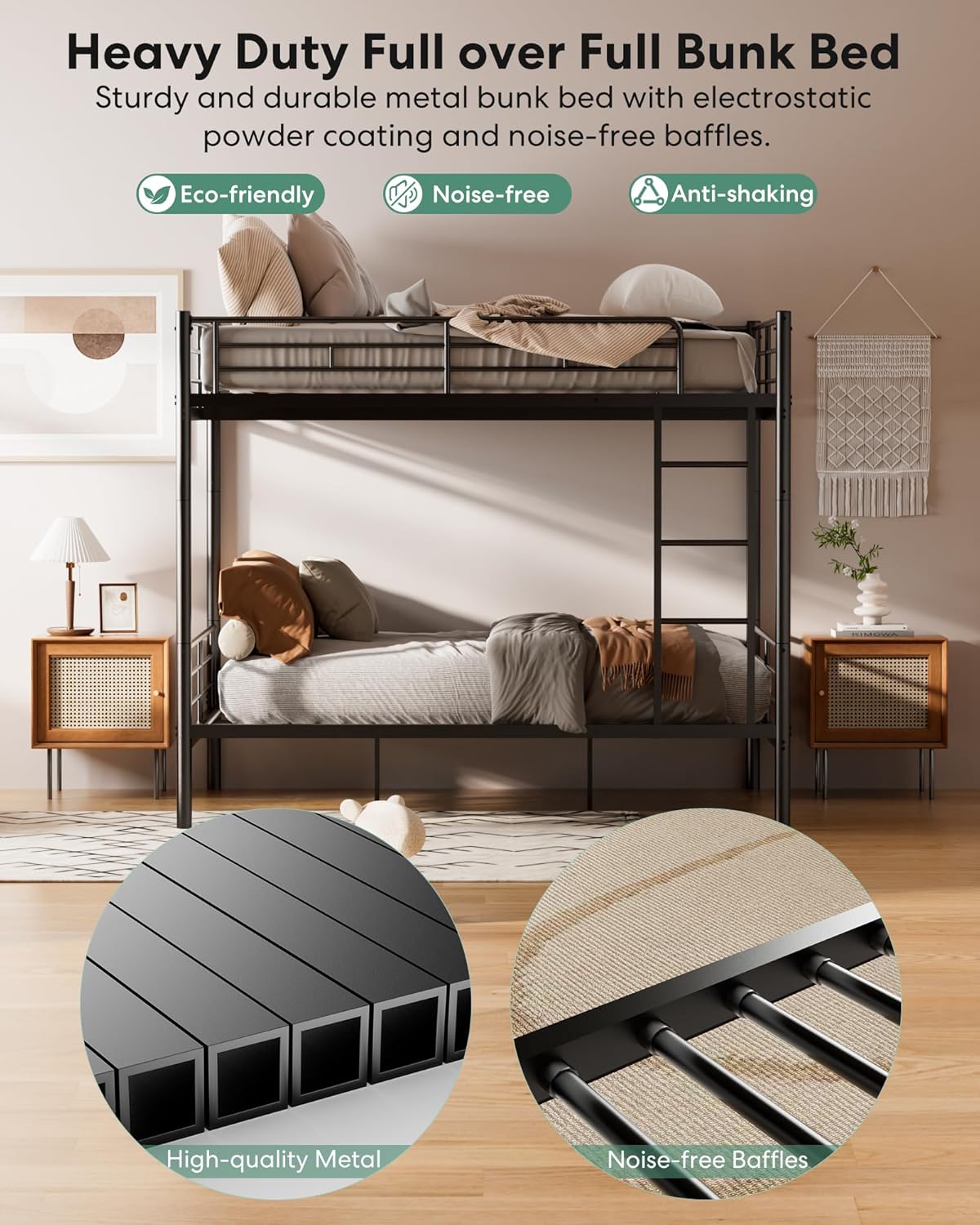 Metal Bunk Bed Twin Over Twin with Ladder and Full-Length Guardrail, Heavy Duty Bed Frame, Convertible Twin Bunk Beds into 2 Individual for Kids Teen Adults, Black