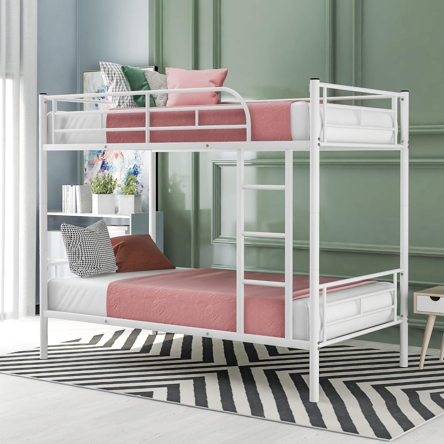 Metal Bunk Bed Twin Over Twin with Ladder and Full-Length Guardrail, Heavy Duty Bed Frame, Convertible Twin Bunk Beds into 2 Individual for Kids Teen Adults, Black
