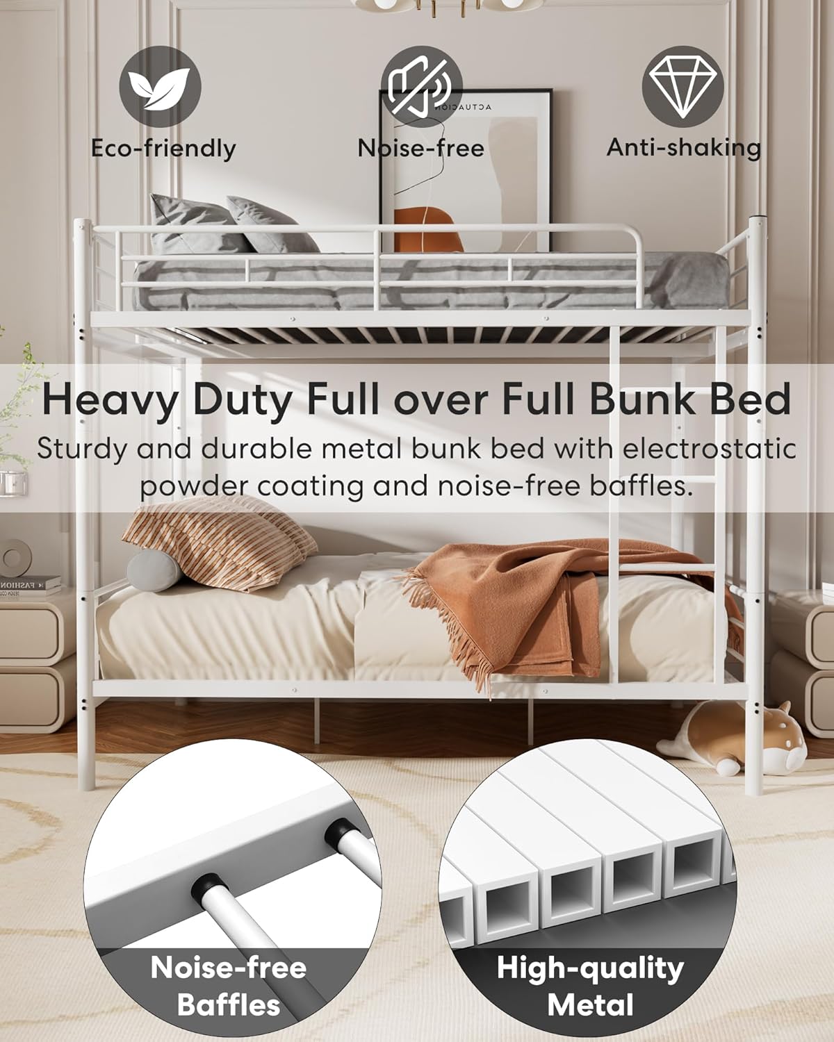 Metal Bunk Bed Twin Over Twin with Ladder and Full-Length Guardrail, Heavy Duty Bed Frame, Convertible Twin Bunk Beds into 2 Individual for Kids Teen Adults, Black