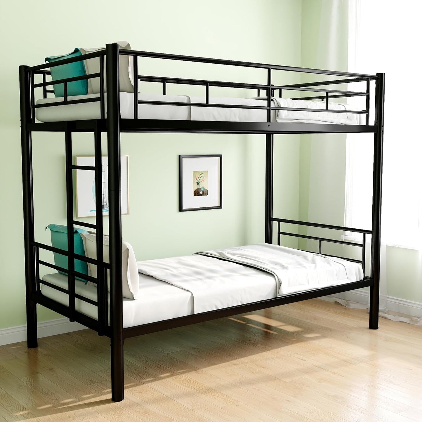 Metal Twin Over Full Bunk Bed, Heavy Duty Bunk Beds with Safety Guardrail and Ladder, Noise Reduction, No Box Spring Needed, Black