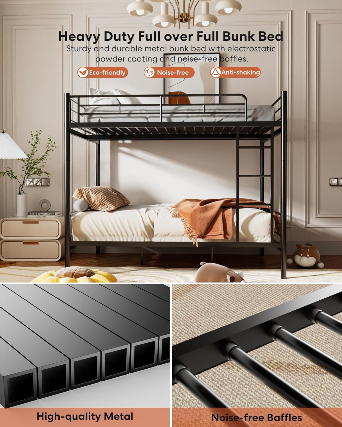 Metal Bunk Bed Twin Over Twin with Ladder and Full-Length Guardrail, Heavy Duty Bed Frame, Convertible Twin Bunk Beds into 2 Individual for Kids Teen Adults, Black