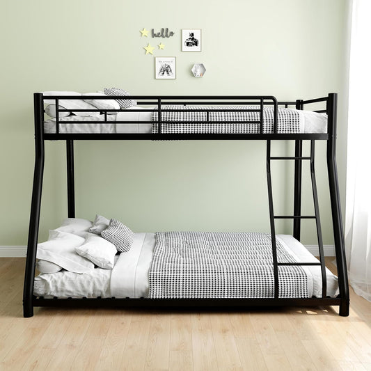 Metal Twin Over Full Bunk Bed, Heavy Duty Bunk Beds with Safety Guardrail and Ladder, Noise Reduction, No Box Spring Needed, Black
