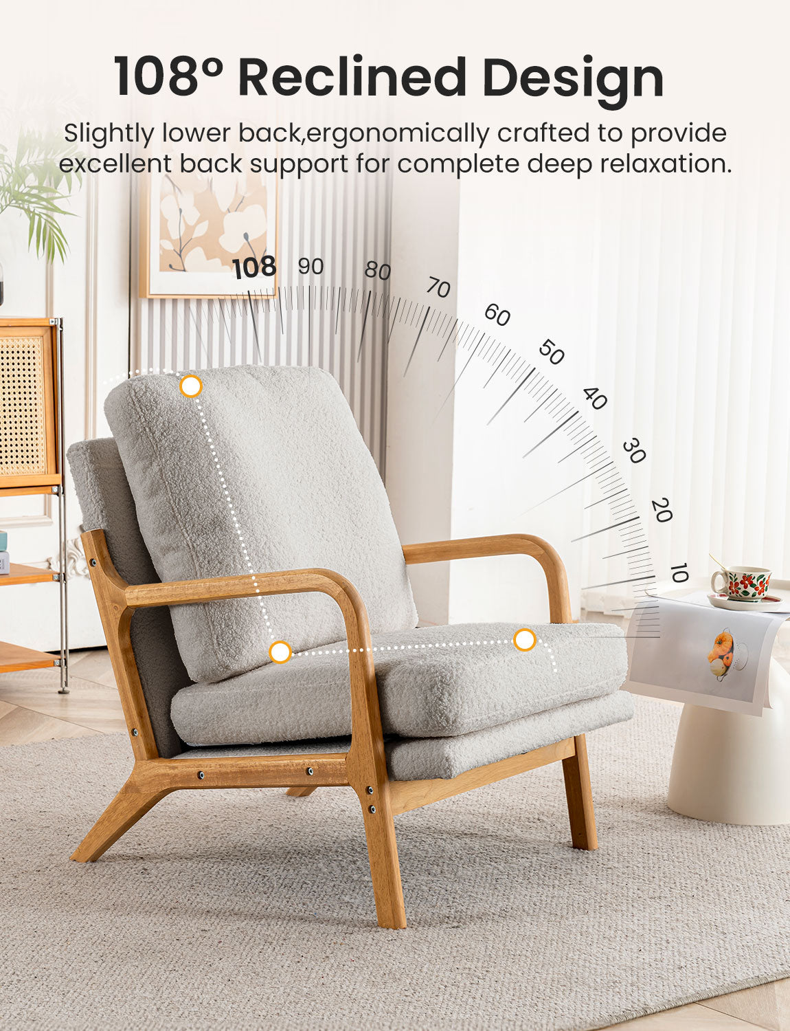 New Cozy Sherpa Accent Chairs for Living Room, 23” Wide Comfy Chair for Bedroom, Small Lounge Reading Chair, 108° Recliner Arm Chair, Mid Century Modern Armchair with Detachable Cover