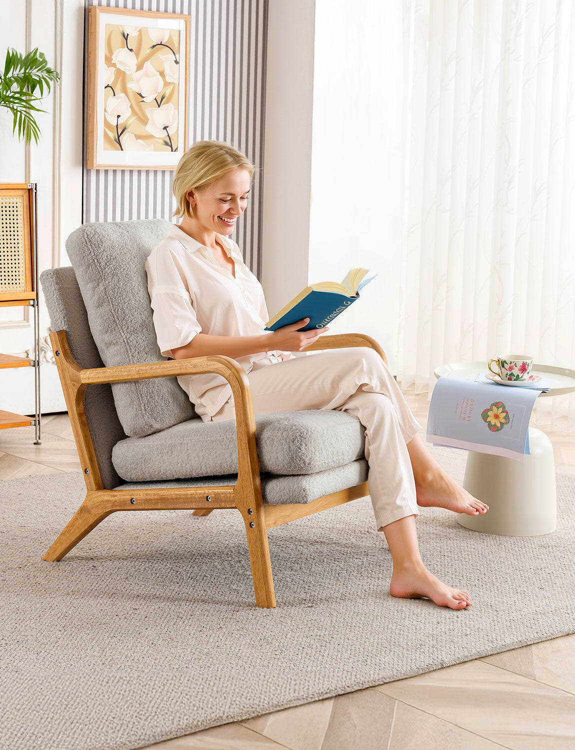 New Cozy Sherpa Accent Chairs for Living Room, 23” Wide Comfy Chair for Bedroom, Small Lounge Reading Chair, 108° Recliner Arm Chair, Mid Century Modern Armchair with Detachable Cover