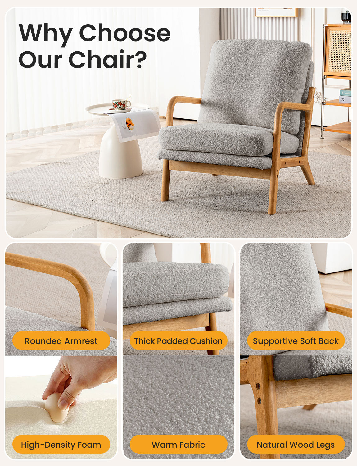 New Cozy Sherpa Accent Chairs for Living Room, 23” Wide Comfy Chair for Bedroom, Small Lounge Reading Chair, 108° Recliner Arm Chair, Mid Century Modern Armchair with Detachable Cover