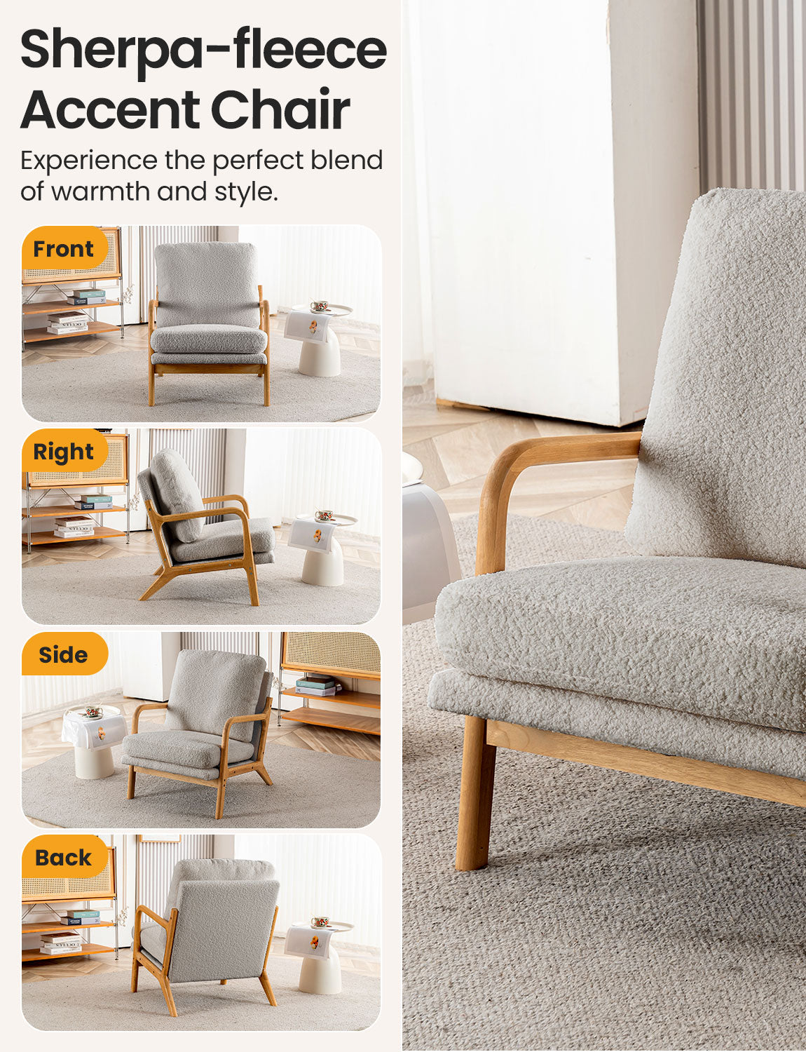 New Cozy Sherpa Accent Chairs for Living Room, 23” Wide Comfy Chair for Bedroom, Small Lounge Reading Chair, 108° Recliner Arm Chair, Mid Century Modern Armchair with Detachable Cover