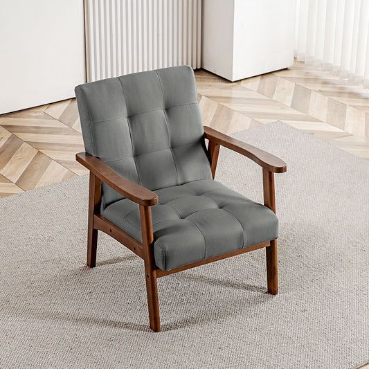 Mid Century Modern Accent Chairs for Living Room, Comfy Bedroom Chairs for Adults,Small Wide Reading Nook Arm Chair, 105° Ergonomic, Cozy Grey Linen Armchair with Rubber Wood