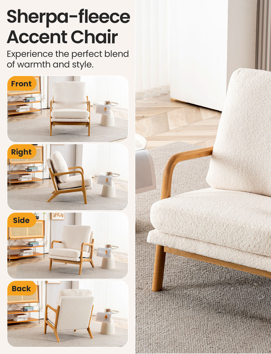 New Cozy Sherpa Accent Chairs for Living Room, 23” Wide Comfy Chair for Bedroom, Small Lounge Reading Chair, 108° Recliner Arm Chair, Mid Century Modern Armchair with Detachable Cover