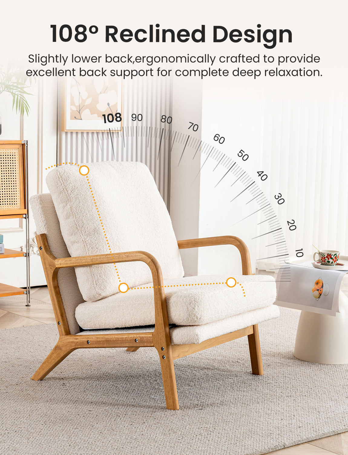 New Cozy Sherpa Accent Chairs for Living Room, 23” Wide Comfy Chair for Bedroom, Small Lounge Reading Chair, 108° Recliner Arm Chair, Mid Century Modern Armchair with Detachable Cover