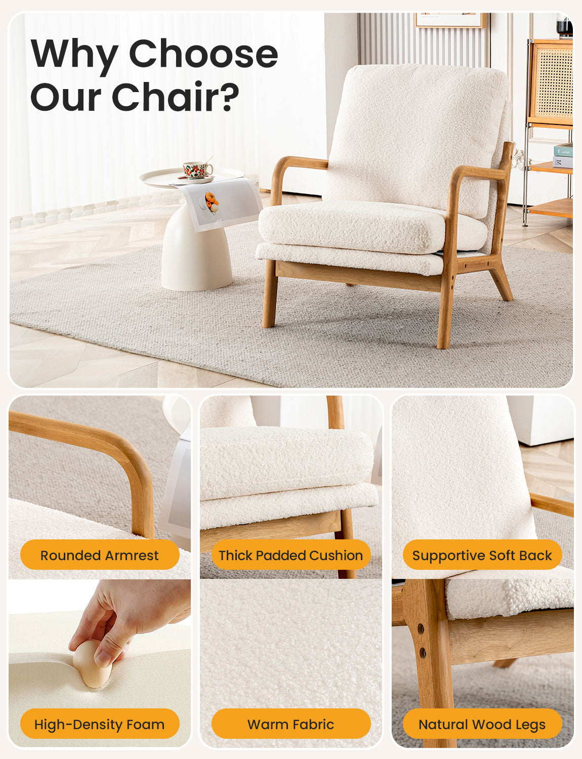 New Cozy Sherpa Accent Chairs for Living Room, 23” Wide Comfy Chair for Bedroom, Small Lounge Reading Chair, 108° Recliner Arm Chair, Mid Century Modern Armchair with Detachable Cover