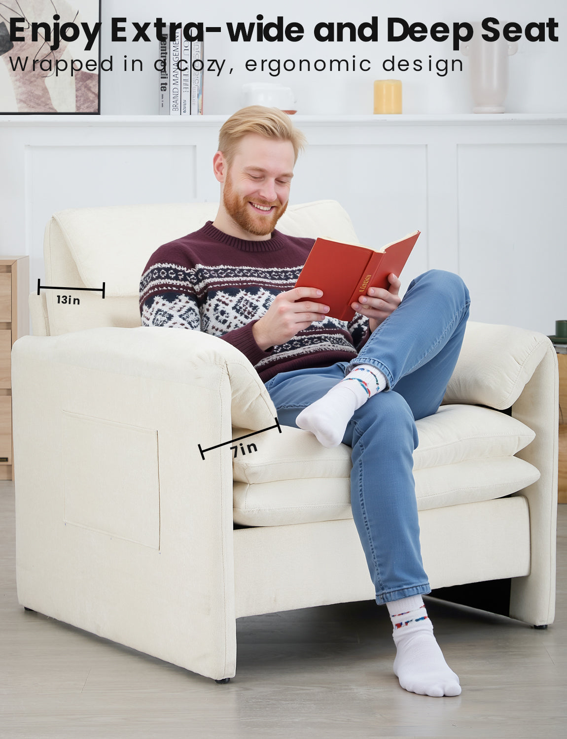 Oversized Single Sofa Chair, 36”W Oversized Accent Chairs, Modern Upholstered Deep Seat Comfy Armchair with Throw Pillow for Living Room Bedroom Office Apartment
